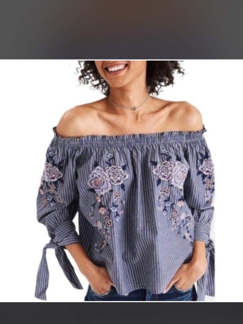 American Eagle Outfitters Striped Embroidered Floral Boho Top - Blue and Pink